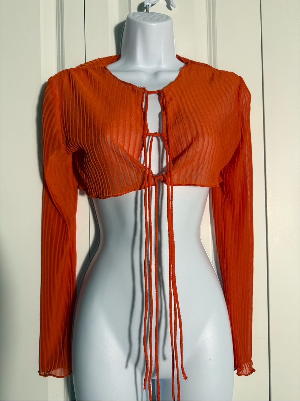 Zara Orange Sheer Tie-Front Long-Sleeve Crop Top